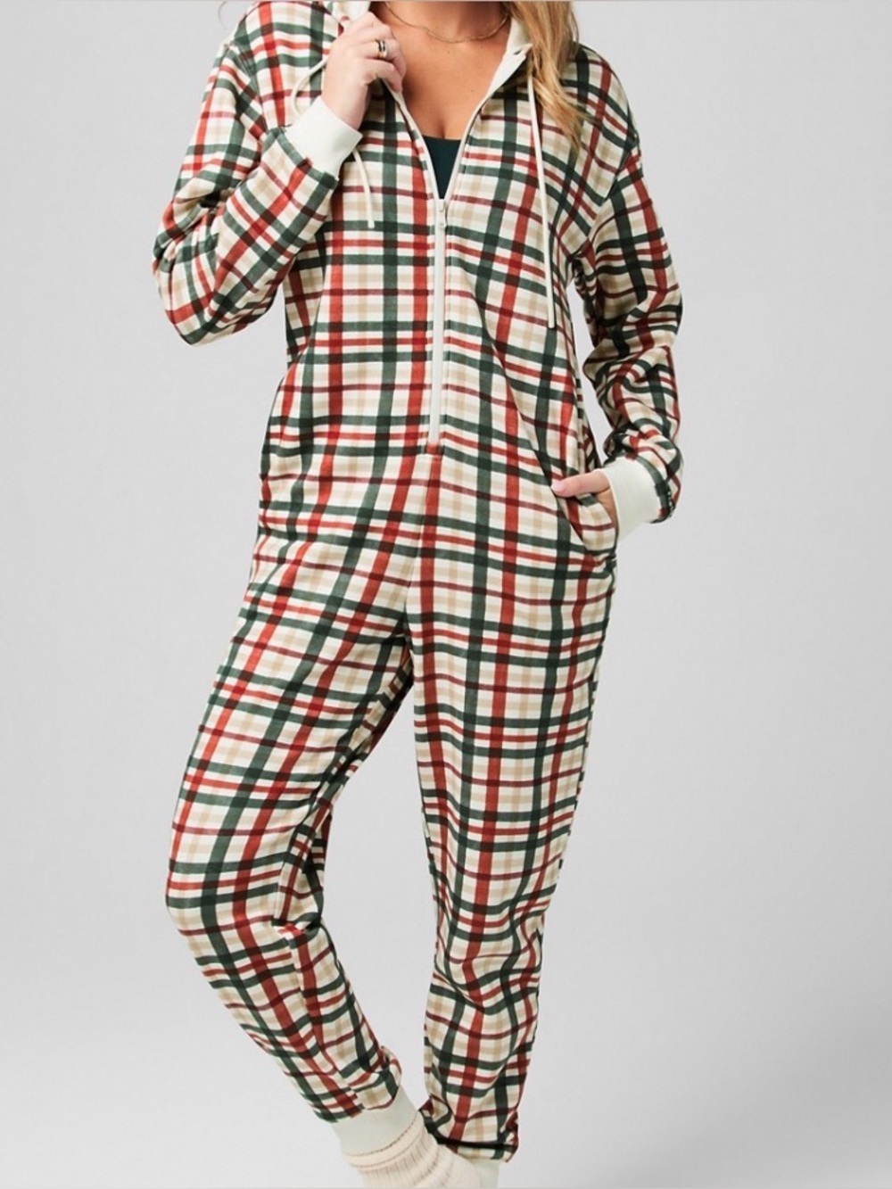 NWT Fabletics Plaid Cozy Fleece Hooded Onesie Holiday Pockets Size Medium